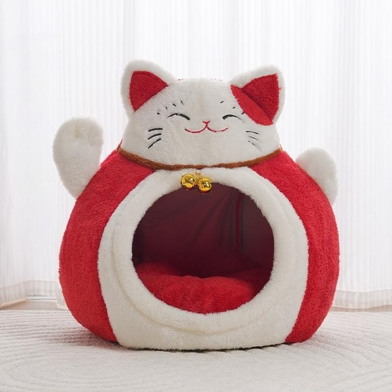 Лежанка для кошек для дома - Кот-талисман Манеки-неко, Пещера-лежанка для кошки, Супермягкая успокаивающая лежанка для питомца, Котенка и Щенка, Маленькой Собаки, Теплый Плюш, Укрытие для кошки