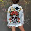 2302 Skull Graphic Light Wash Denim Jacket Women Oversized Streetwear Fall Winter