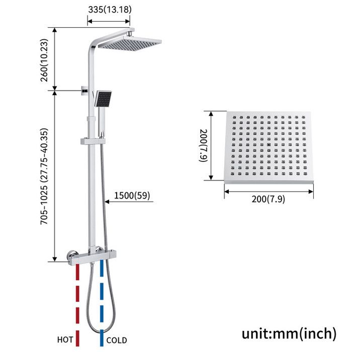 Colonne de douche - Auralum - Mitigeur thermostatique - Pomme haute carrée 20 cm - Chrome - Hauteur réglable