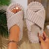 Fashion Women Slippers Open Toe Home Slippers Fashion Corduroy Cross Shoes Winter Warm Plush Slides Women Bedroom Soft Sole Slippers