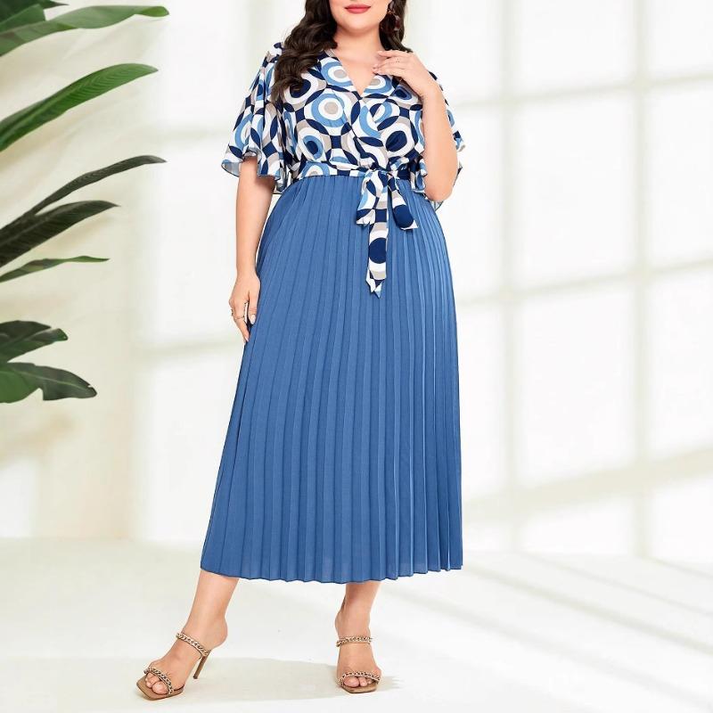 Plus Size Women's Summer New Elegant Temperament Patchwork Pleated Skirt Strap Short Sleeved Dress