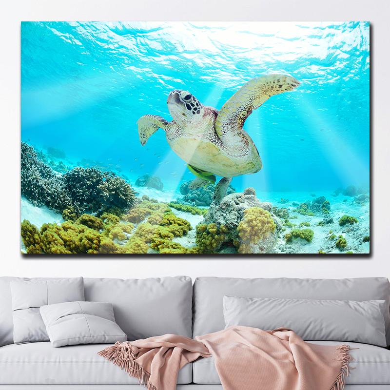 Green Sea Turtle Swims Underwater Canvas Painting Wall Pictures Sea Life Animal Posters and Prints for Living Room Decor Cuadros