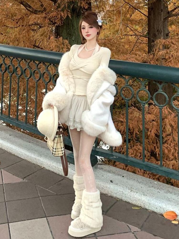 Janpanese Kawaii Sweet комплект из 2 предметов, женский вязаный топ с вырезом крестом, мини-юбка для торта, женский корейский модный дизайн, повседневный костюм, новинка 2024 года