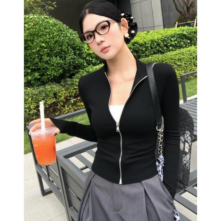 Women's Slim Fit Double Zipper Hoodie Jacket - Autumn 2025, Anti-Pilling, Stand Collar, Cropped Cardigan
