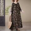Literary Big Size Loose Printed Round Neck Long Sleeve Dress