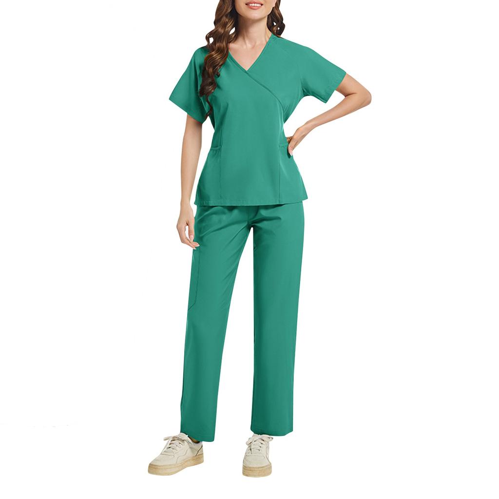 Ladies' Two-piece Set Short Sleeved Solid Color Pocket Top Pants Work Clothes Two-Piece Set