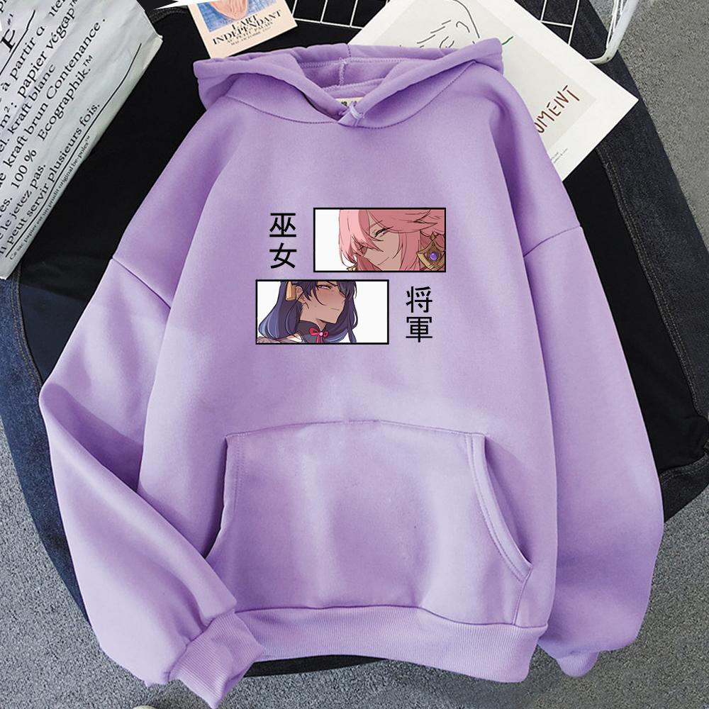 Толстовки с капюшоном в стиле аниме, женские толстовки с капюшоном, горячая игра, Genshin Impact, Raiden shogun x Yae, уличная одежда с принтом, унисекс, эстетические Sudaderas Para