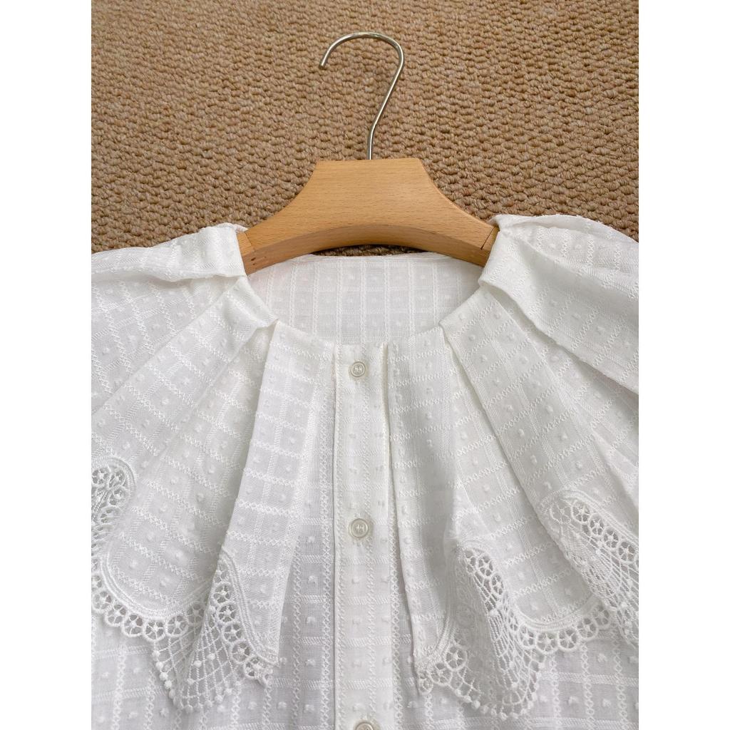 2025 Fall/Winter Women's White Check Doll Collar Lace Bell Sleeve Shirt