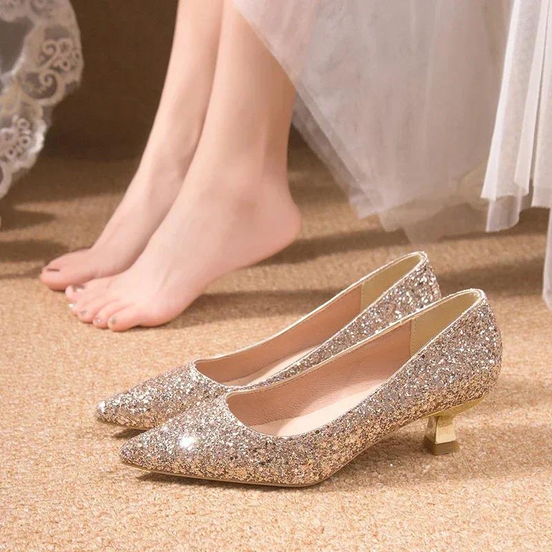 Crystal Wedding Shoes Female 2024 New Gold Bridesmaid High Heels Bridal