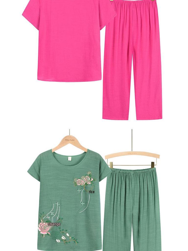 Летний комплект из двух предметов: Футболка с коротким рукавом и пижамные брюки для женщин среднего и пожилого возраста