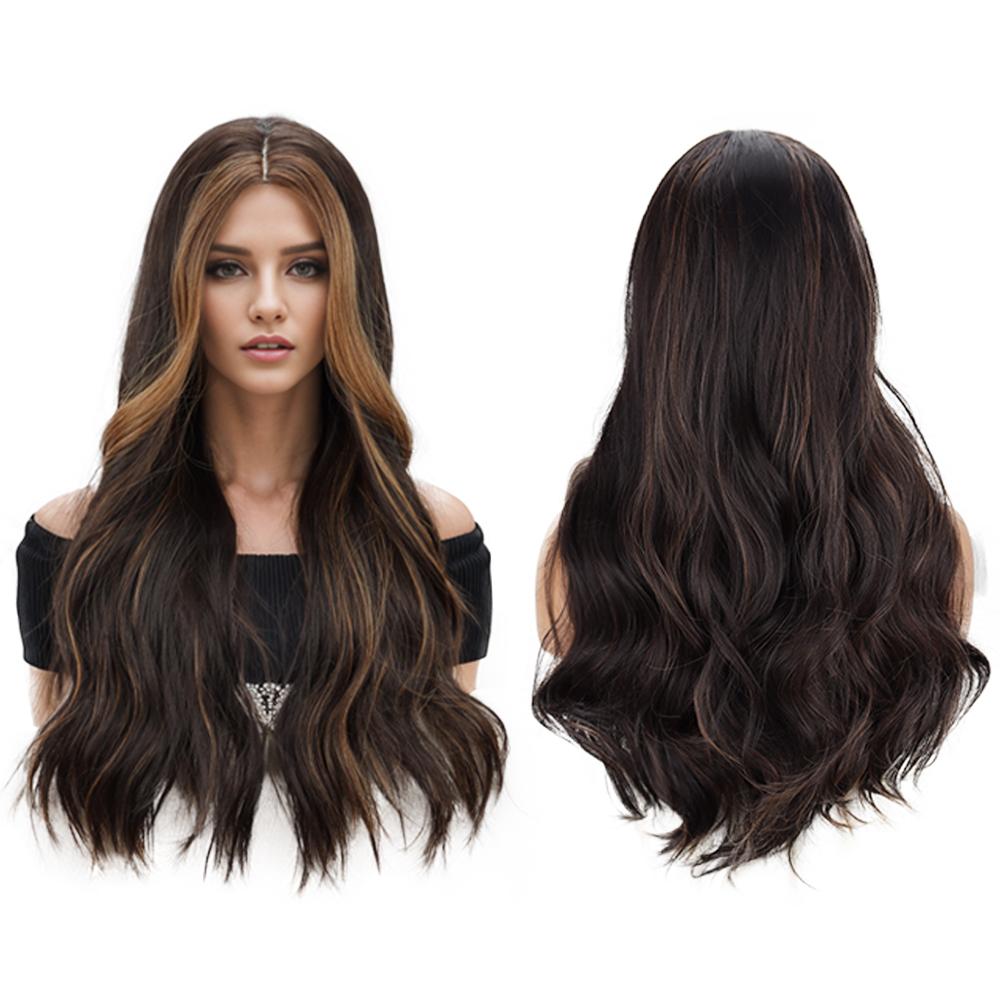 MISS WIG Синтетический длинный коричневый волнистый парик Коричневые парики для женщин 24-дюймовый парик средней части Натуральный парик для замены волос для ежедневного использования в косплее