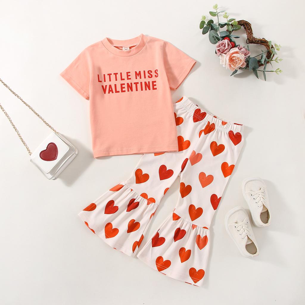 Valentine's Day Toddler Girls Clothes Set Letter Print Short Sleeve Crew Neck T-Shirts and Heart Print Flare Pants 2Pcs Suit