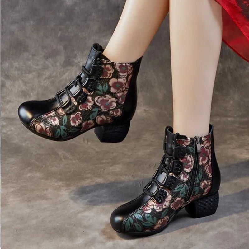 Johnature Короткие ботинки, женские теплые женские туфли с круглым носком и толстым каблуком в этническом стиле, на мягкой подошве с принтом