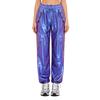 Shiny Metallic Cargo Pants for Women Elastic Waistband with Ruffle Trim Multiple Pockets Jogger Style for Hip Hop Music Stage Outfit