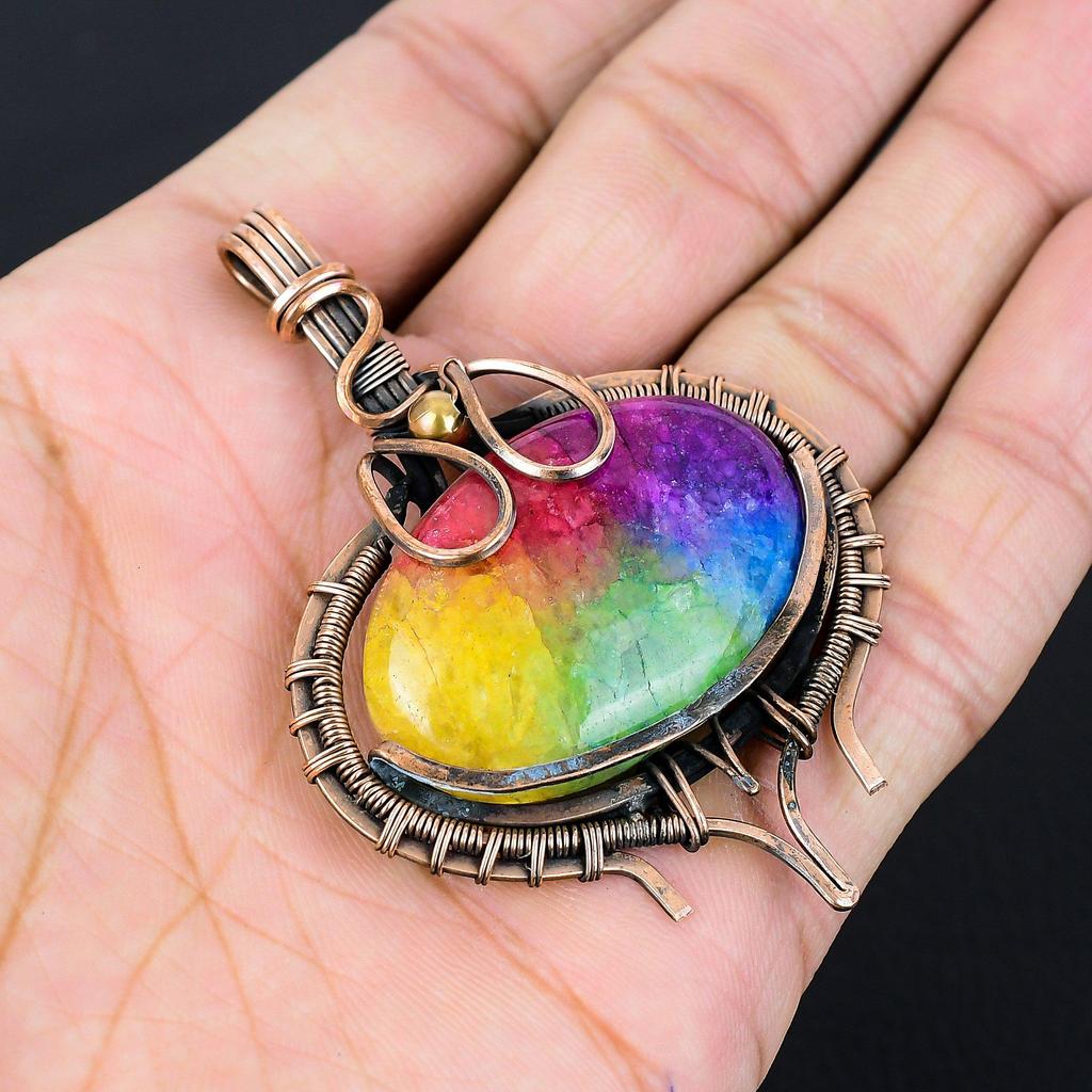 Rainbow Solar Quartz Gemstone Pure Copper Wire Wrapped Handmade Pendant Jewelry