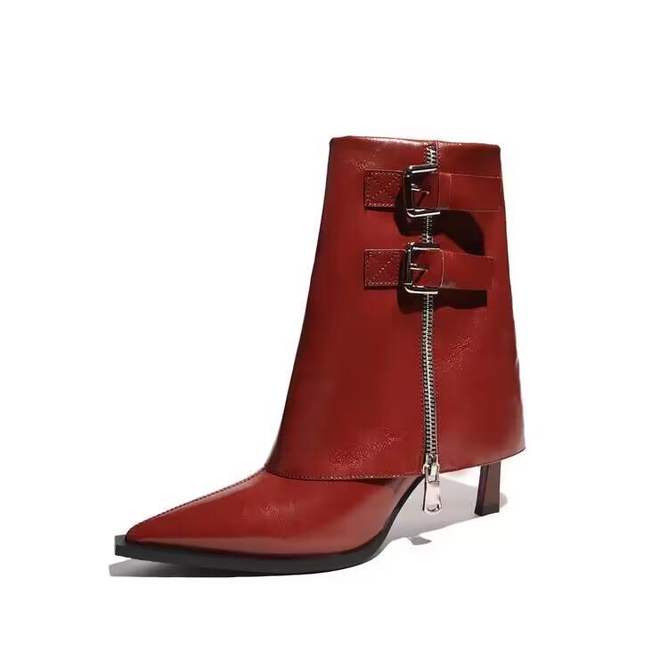 Красные короткие сапоги на высоком каблуке с острым носком для женщин 2024 года, новый модный дизайн, сапоги с рукавами-брюками, мягкая кожаная обувь для женщин