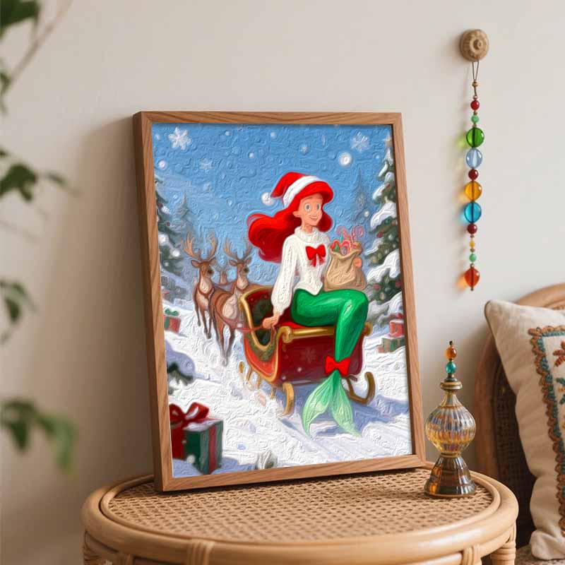 Disney digital oil painting diy oil painting hand painting mermaid Christmas sleigh winter reindeer living room bedroom decoration painting