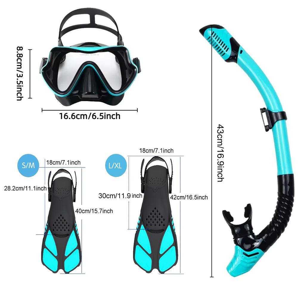 Mask Fins Snorkel Set, Snorkeling Gear for Adults, Panoramic View Snorkel Mask Anti-Fog, Adjustable Dive Flippers, Dry Top Snork