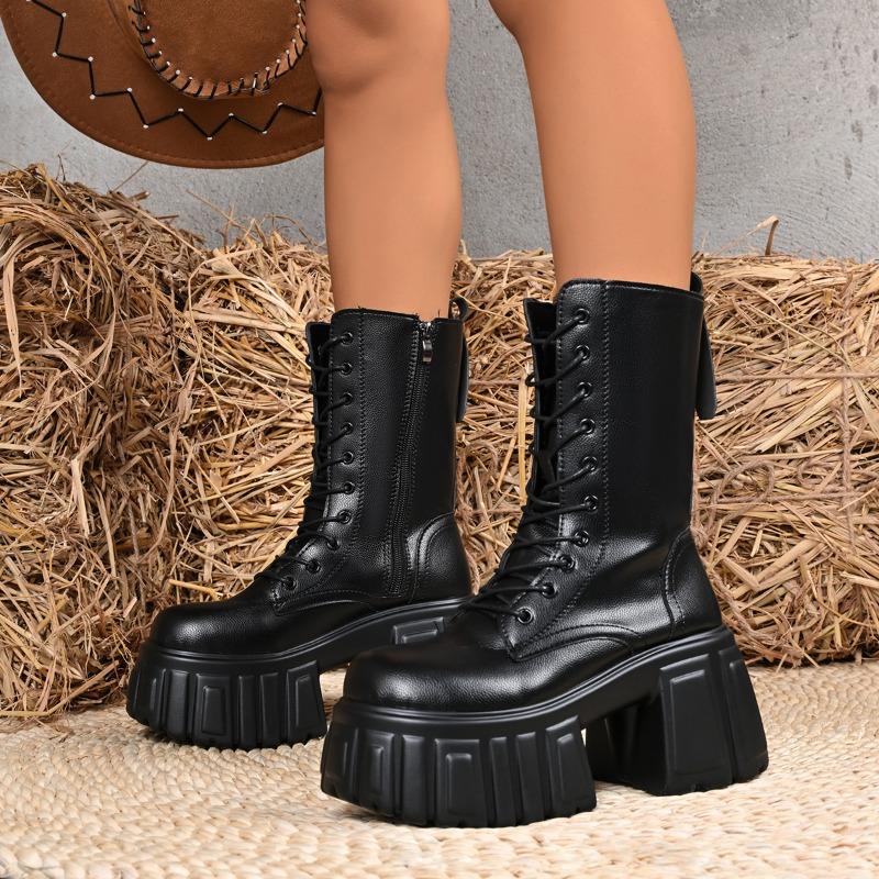 2025 Super High Heel Platform Mid-Tube Boots Women's Autumn and Winter Small Tall Stylish and Versatile Booties