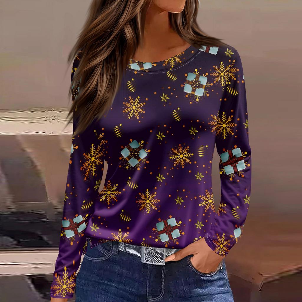 Women's Fashion Casual Slit Hem Round Neck Long Sleeve Loose Printed T-Shirt Ladies Top Christmas