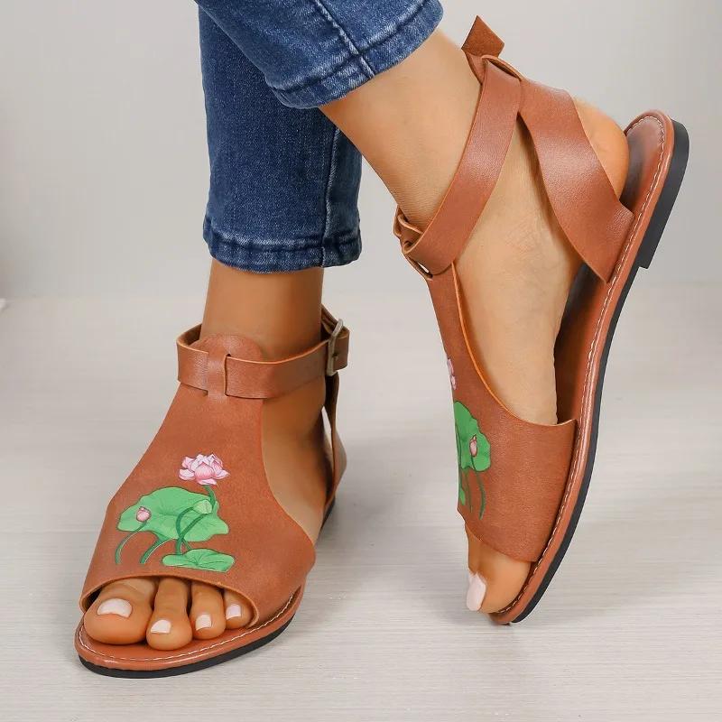 2024 New Hot Selling Versatile Solid Color Printed Open Toe Women's Slippers Buckle Decorated Summer Women's Shoes Zapatos