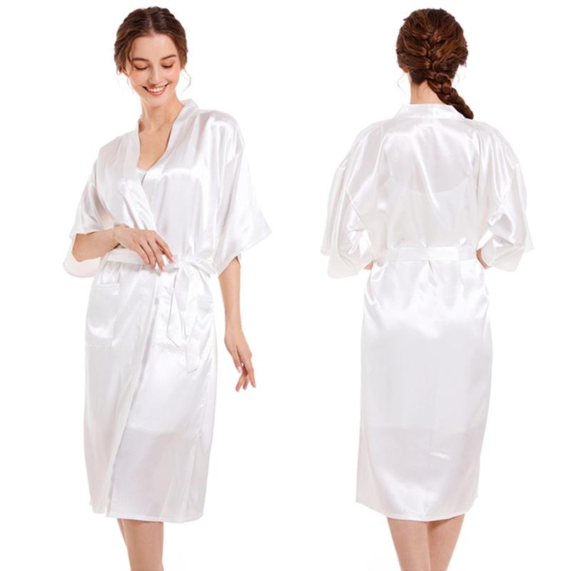 Женская одежда для отдыха весна-осень однотонный блестящий халат средней длины атласное кимоно