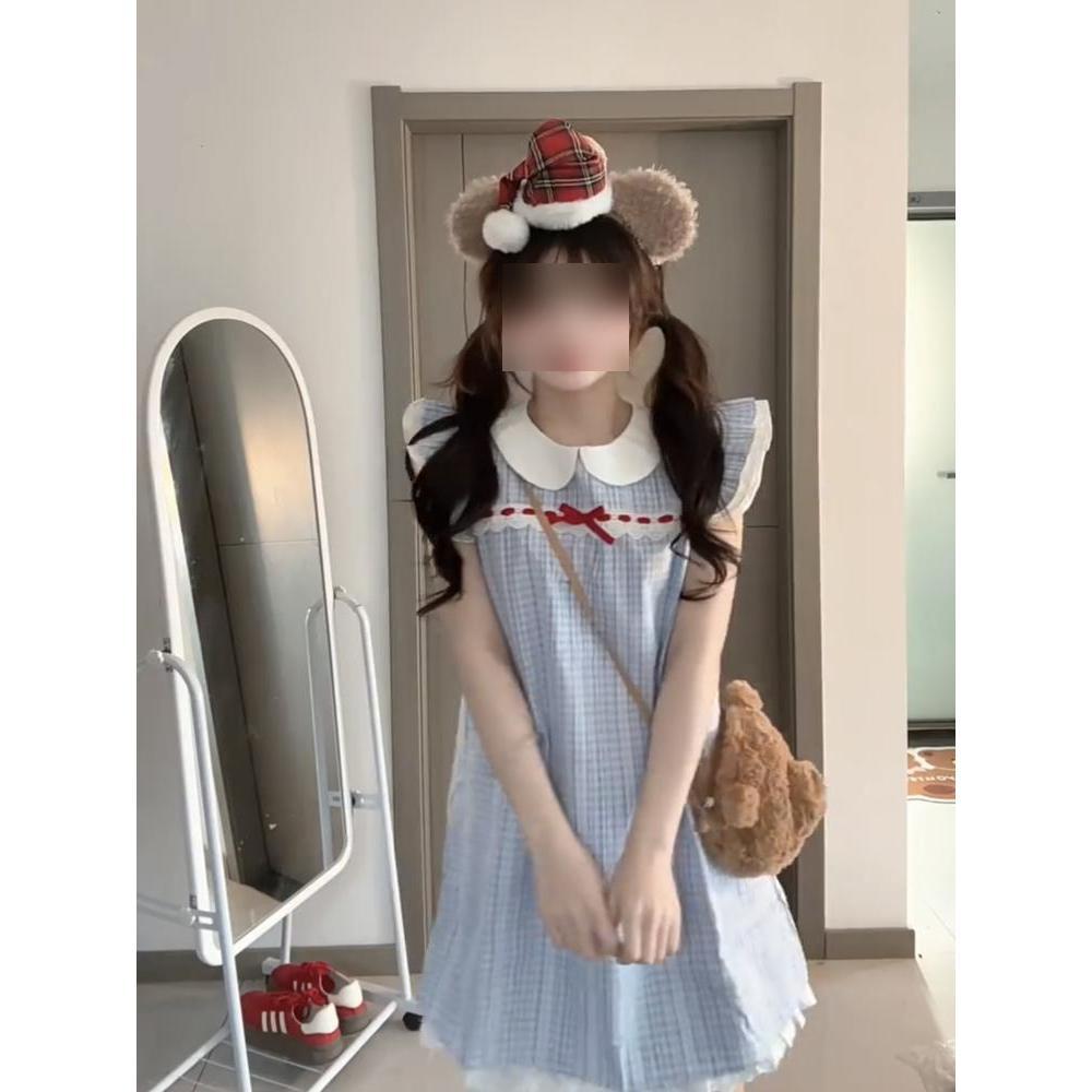 Летняя одежда маленькая рубашка юбка женская студенческая клетчатая вставка свободный кукольный воротник маленький рукав-крылышко платье