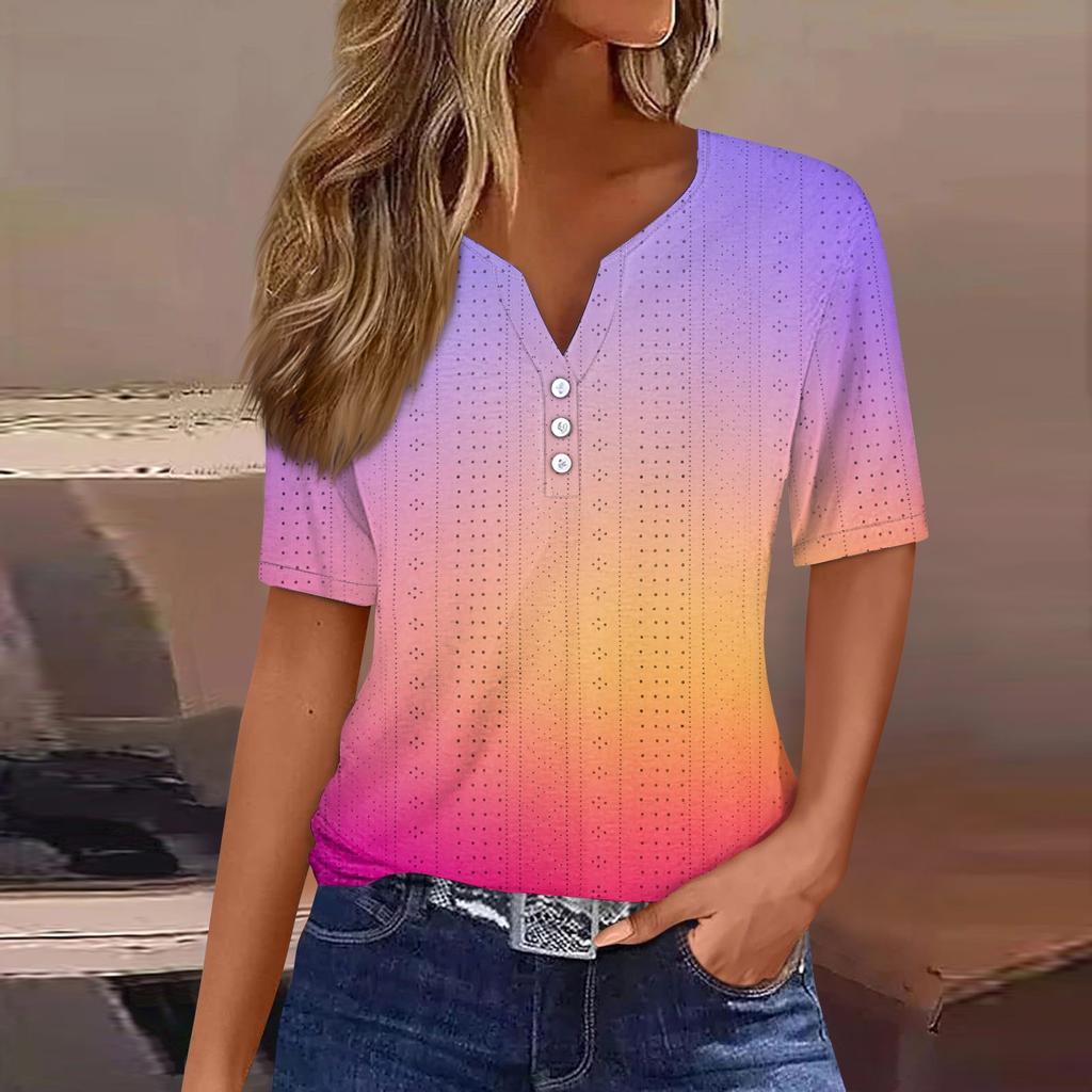 Женская повседневная футболка с v-образным вырезом и короткими рукавами, декоративная футболка на пуговицах, топ