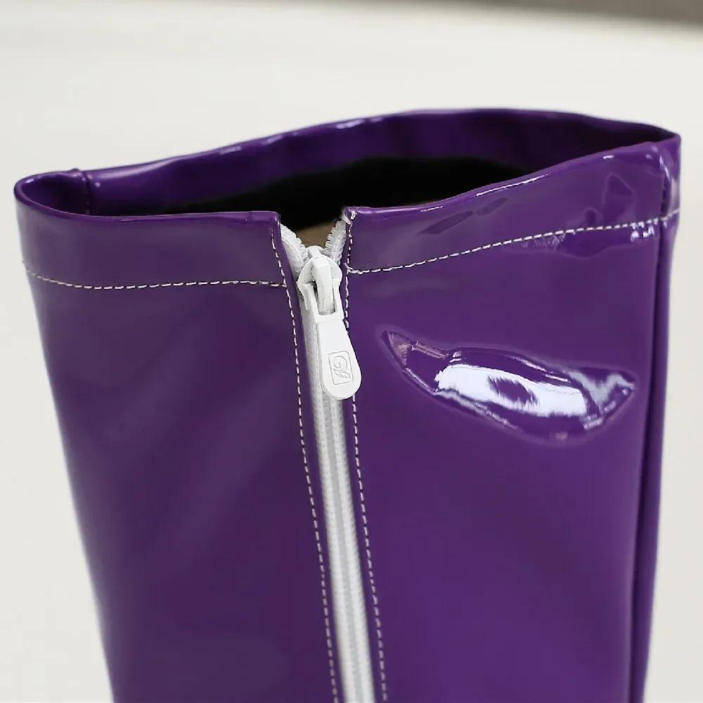 Women Knee High Boots Chunky Heels Candy Color Black Green Yellow Patent Leather Sexy Party Club Lady Zipper Long Platform Boots