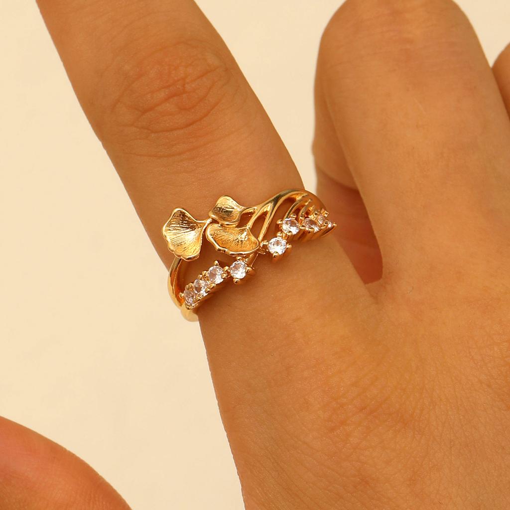 New French fashion light luxury micro zircon ginkgo biloba open ring Internet celebrity personality niche design sense index finger ring