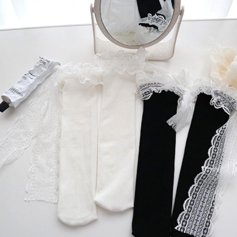 Женские носки однотонные черные белые носки с кружевом в стиле Лолиты с оборками и бантом средней длины мягкие повседневные носки Kawai Sox для девочек в корейском стиле