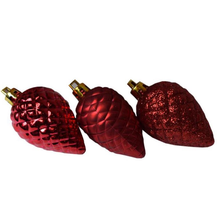 Set of 6 Red Cone-Shaped Christmas Tree Baubles - Mixed Matte and Gloss