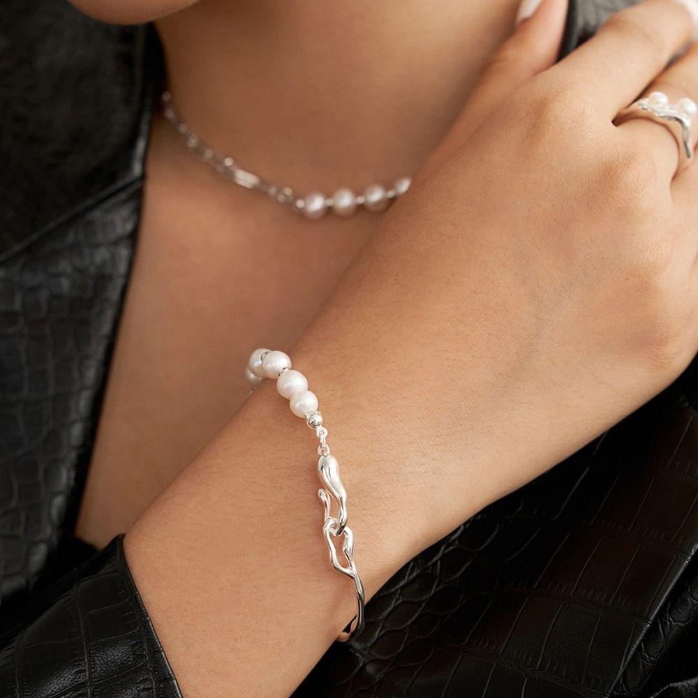 Irregular Liquid Metal Temperament Copper Women Bracelet Korean Style Jewelry Pearls Bracelet