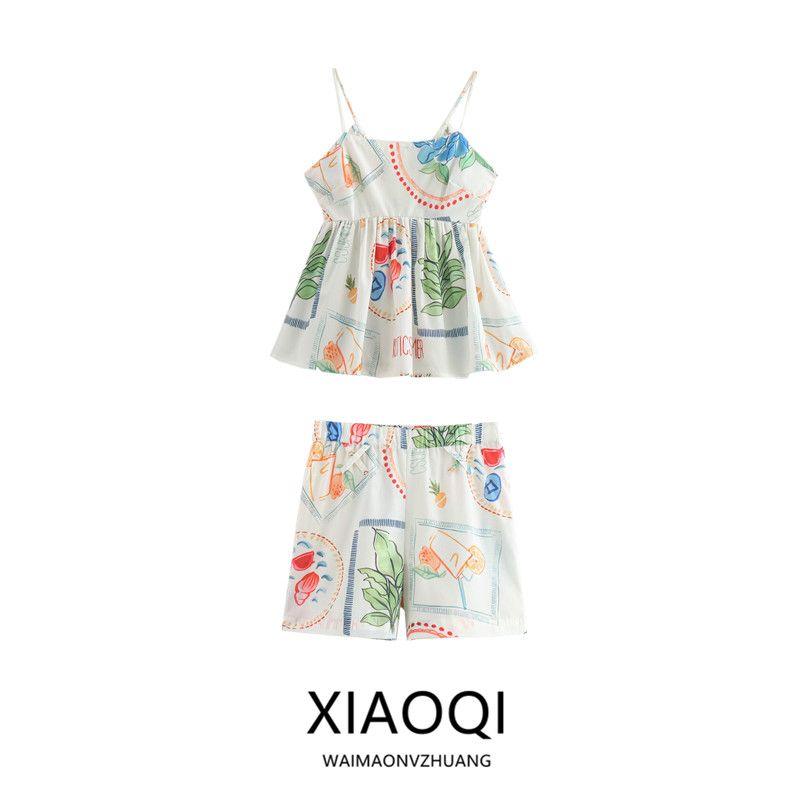 Fashion Wind 2024 New Fall Women's Clothing Stylish Easiest for Match Plant Print Tops Camisole Mid Waist Shorts