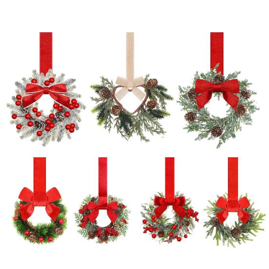6 шт. 6-дюймовых рождественских мини-венков для шкафа, маленькие искусственные кедровые венки с бантом из ленты, сосновой шишкой и ягодами для входной двери, окна, фермерского дома