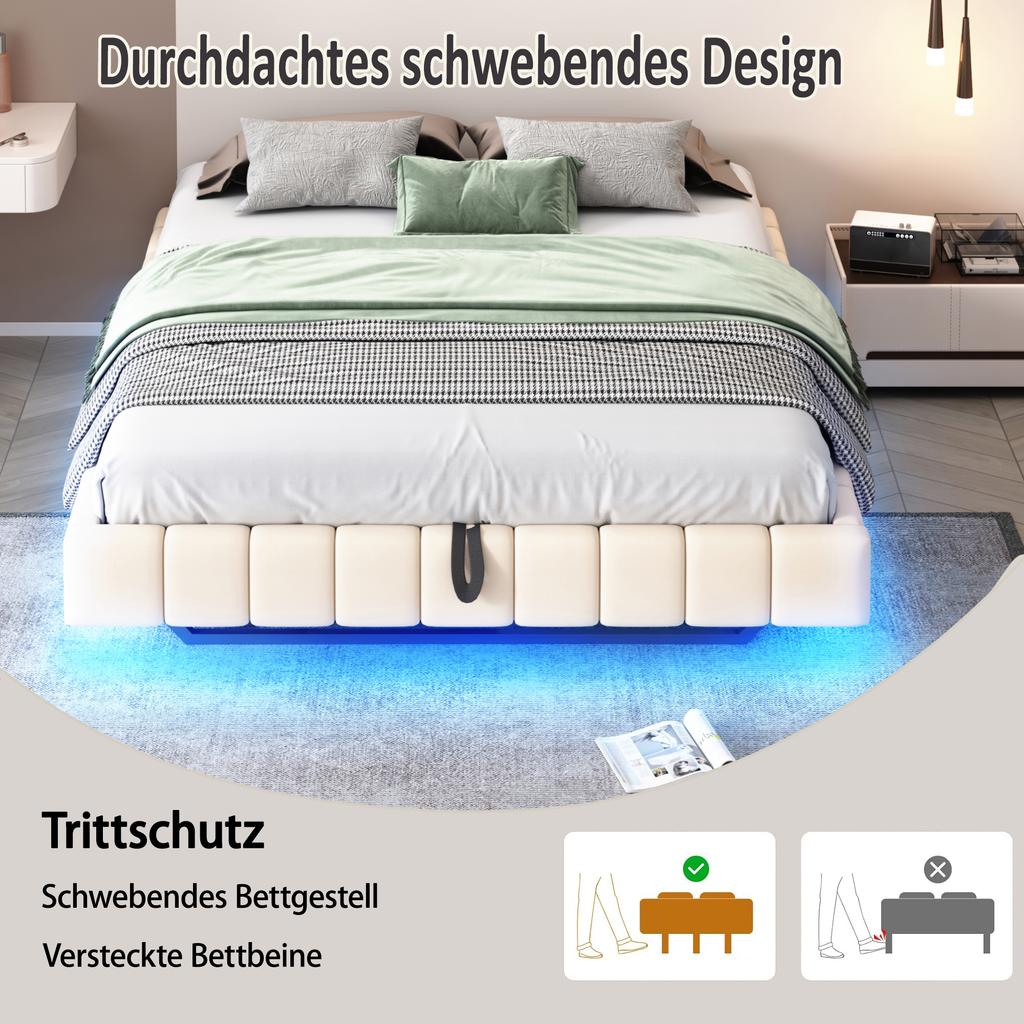 Upholstered Bed 180x200 cm, Hydraulic Floating Bed Frame with Storage Space, Multifunctional Bed without Headboard with LED Light, Linen Beige