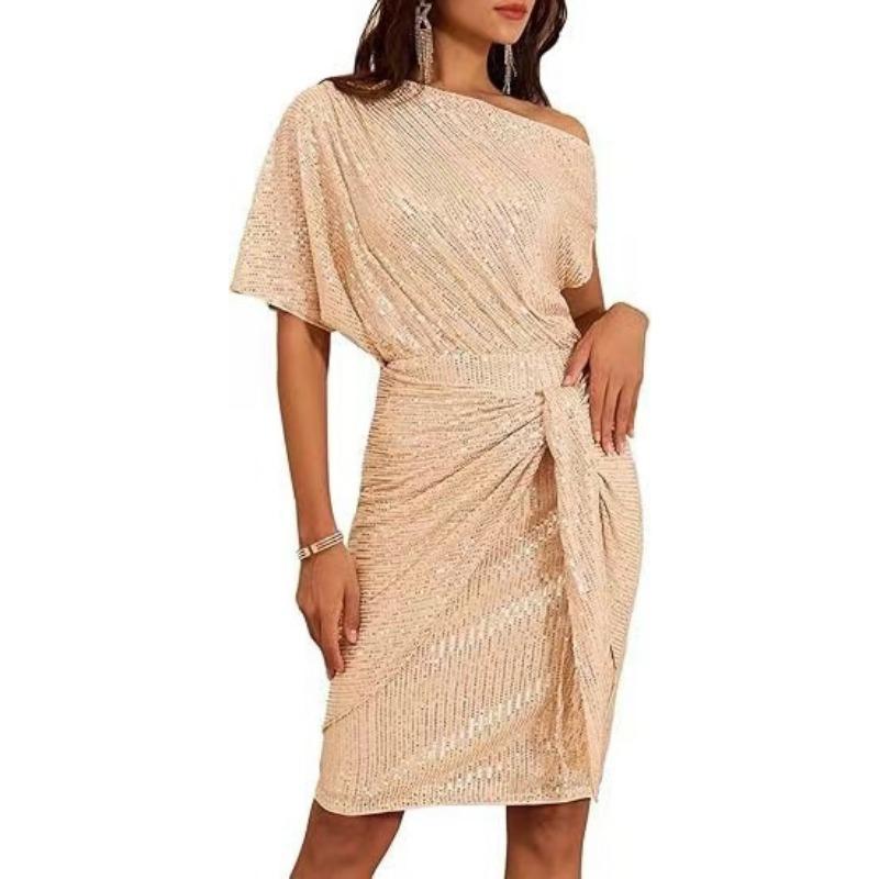 Новое европейское и американское женское платье для вечеринки и клуба с пайетками, одно плечо, плиссированное тостовое платье, мода