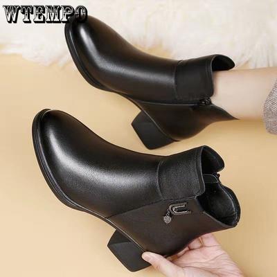 Осенние и зимние короткие сапоги для женщин на толстом каблуке и мягкой плюшевой коже. Кожаные туфли на среднем каблуке. Женские хлопковые сапоги на высоком каблуке.