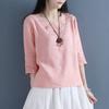 Literary Artistic Small Fresh Loose Round Neck Cotton Linen Solid Color T-shirt for Women with Three Quarter Sleeves Spring Summer Short Top T-Shirts