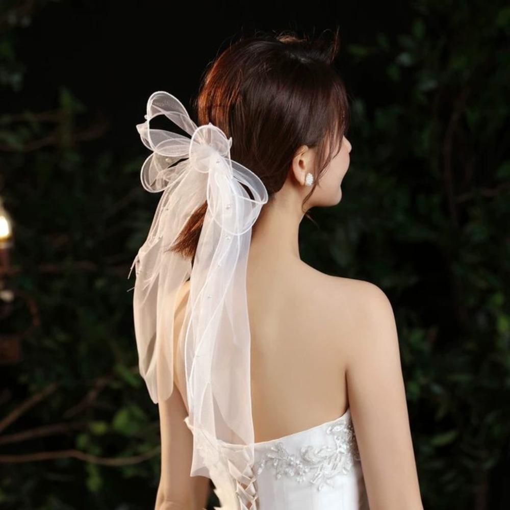 Марлевая Свадебная Фата Многослойная Фата с Жемчугом и Бантом Романтическая Белая Свадебная Фата из Тюля Свадебное Платье