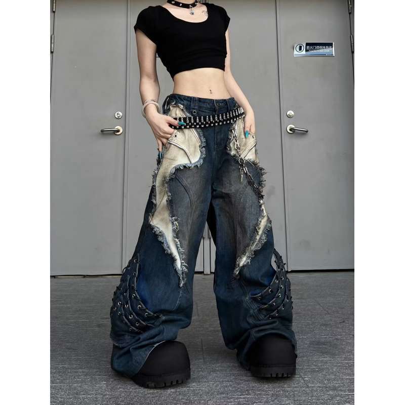 Мужские джинсы с широкими штанинами JYL Песчаная пустошь Американская Тяжелая стирка Заплатка Черные джинсовые штаны