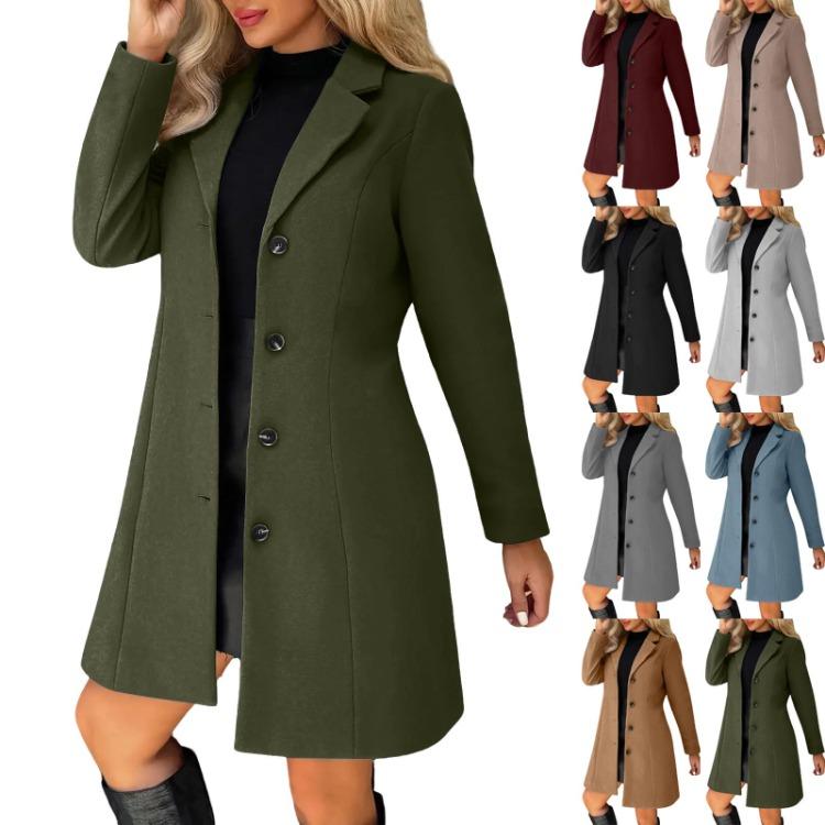 Woolen Long Coat Women Solid Color Lapel Button Long Sleeved Coat