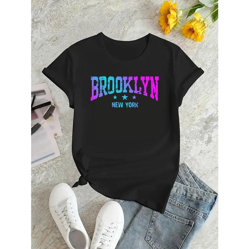 Женская повседневная футболка Brooklyn New York с принтом букв, европейский размер - Круглый вырез, Короткий рукав, Трикотажная ткань из полиэстера и спандекса, Средняя эластичность