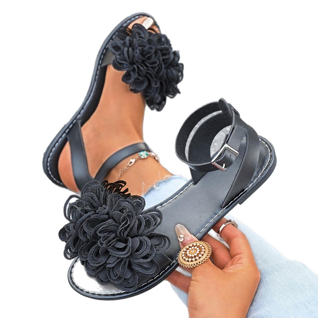 Fashion Elegant Flower Flat Sandals for Women 2025 Summer New Voyeur Women Pump Silk Shallow Ankle Buckle Sandals Shoes for Women