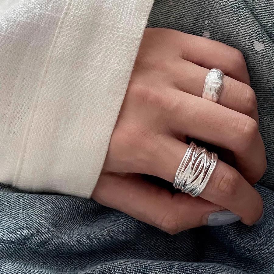 Women's Wide Band Geometric Frosted Matte Open Ring, S925 Silver Plated Creative Index Finger Design