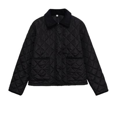 Womens Lightweight Corduroy Cotton Puffer Jacket With Turn-Down Collar Quilted Design Fall Winter Streetwear