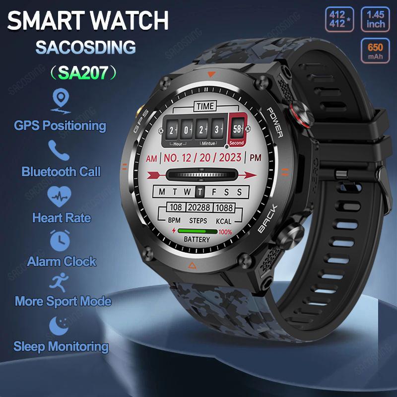 SACOSDING SA207 GPS Sports Smart Watch Compass Flashlight Outdoors 1ATM Waterproof HD Bluetooth Call Voice Assistant Smartwatch