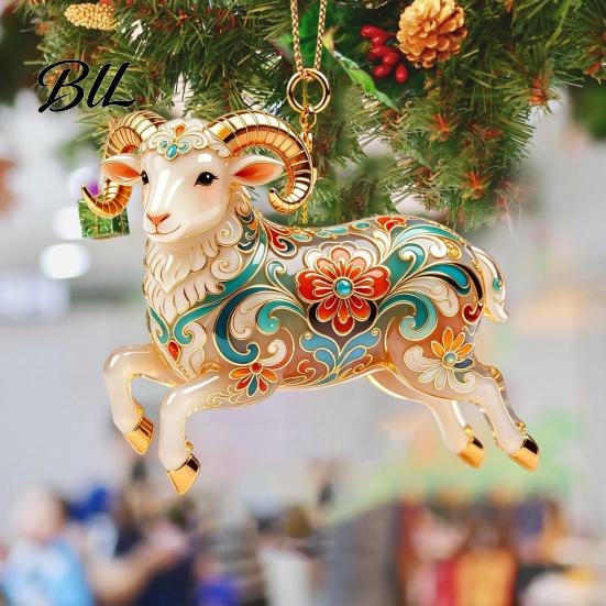 Festive Home Decor 2D Acrylic Goat Christmas Ornament, Farm Animal Car Rearview Mirror Durable Hanging Figurine Charm, Auto Interior Pendant for Tree,