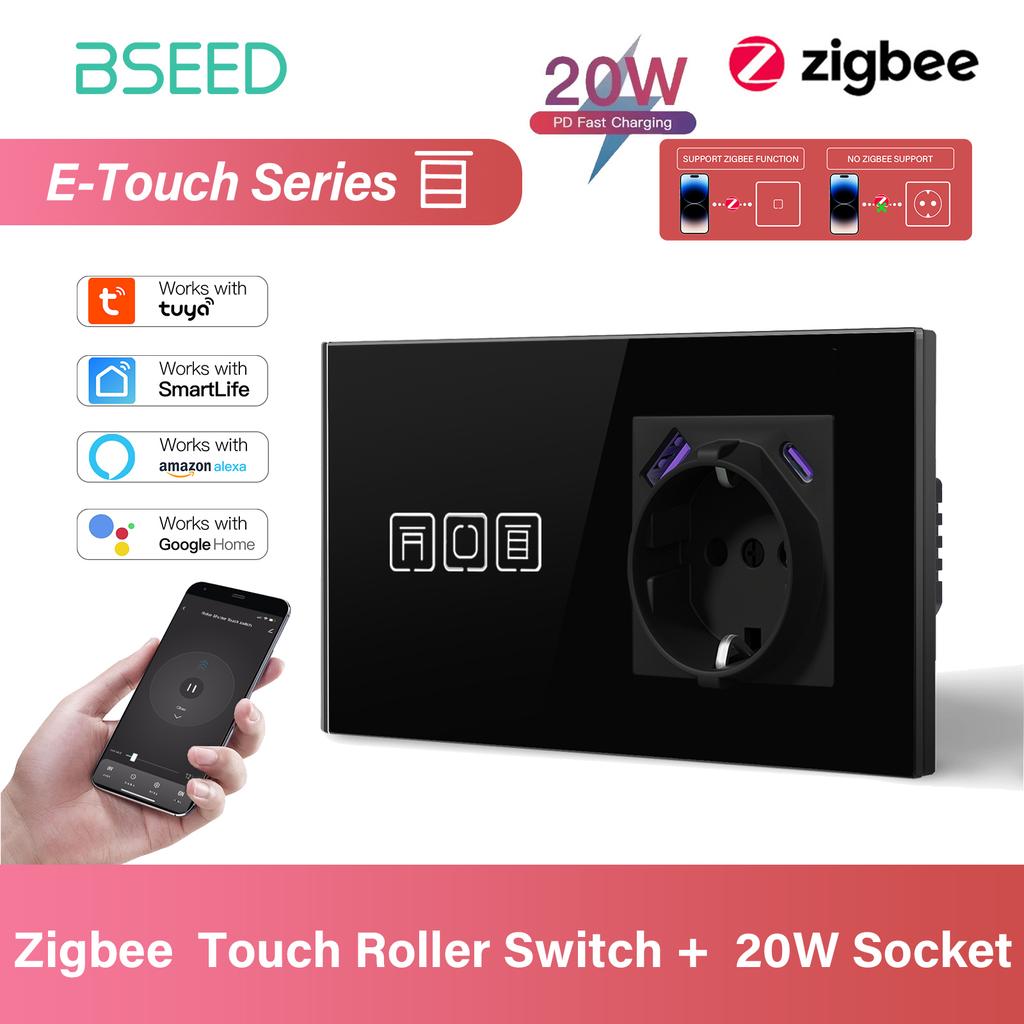 BSEED Zigbee Smart Blind Switch Electric Roller Shutter Switch With EU Socket USB Type-C Port Tuya Alexa Smart Life App E Series