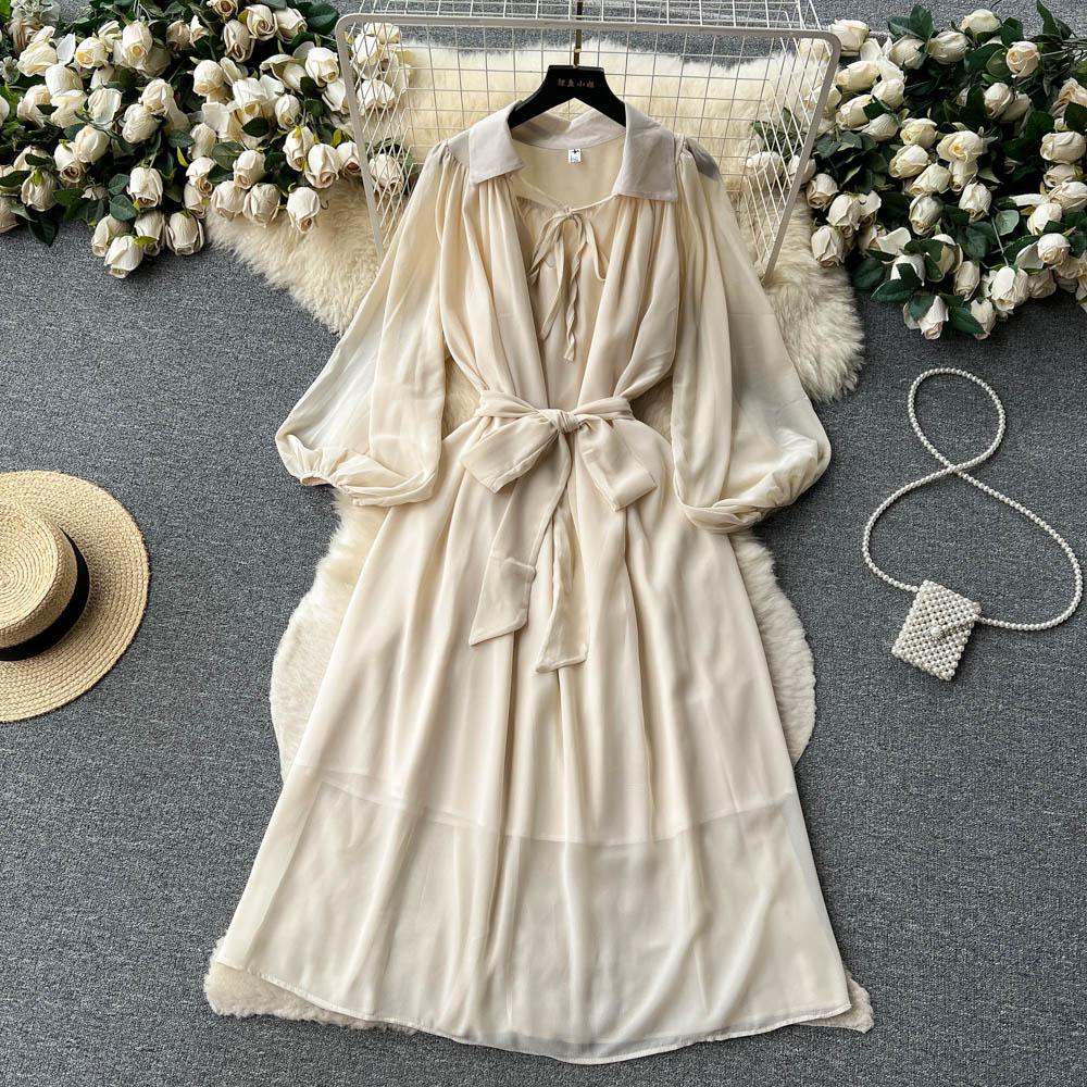 Французские шикарные платья макси для женщин с отложным воротником и рукавами-фонариками, женское летнее платье на шнуровке, женское летнее платье трапециевидной формы, Прямая поставка